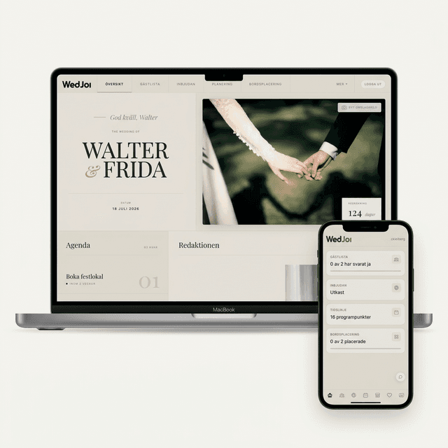 WedJoi dashboard visad i webbläsare och på mobil