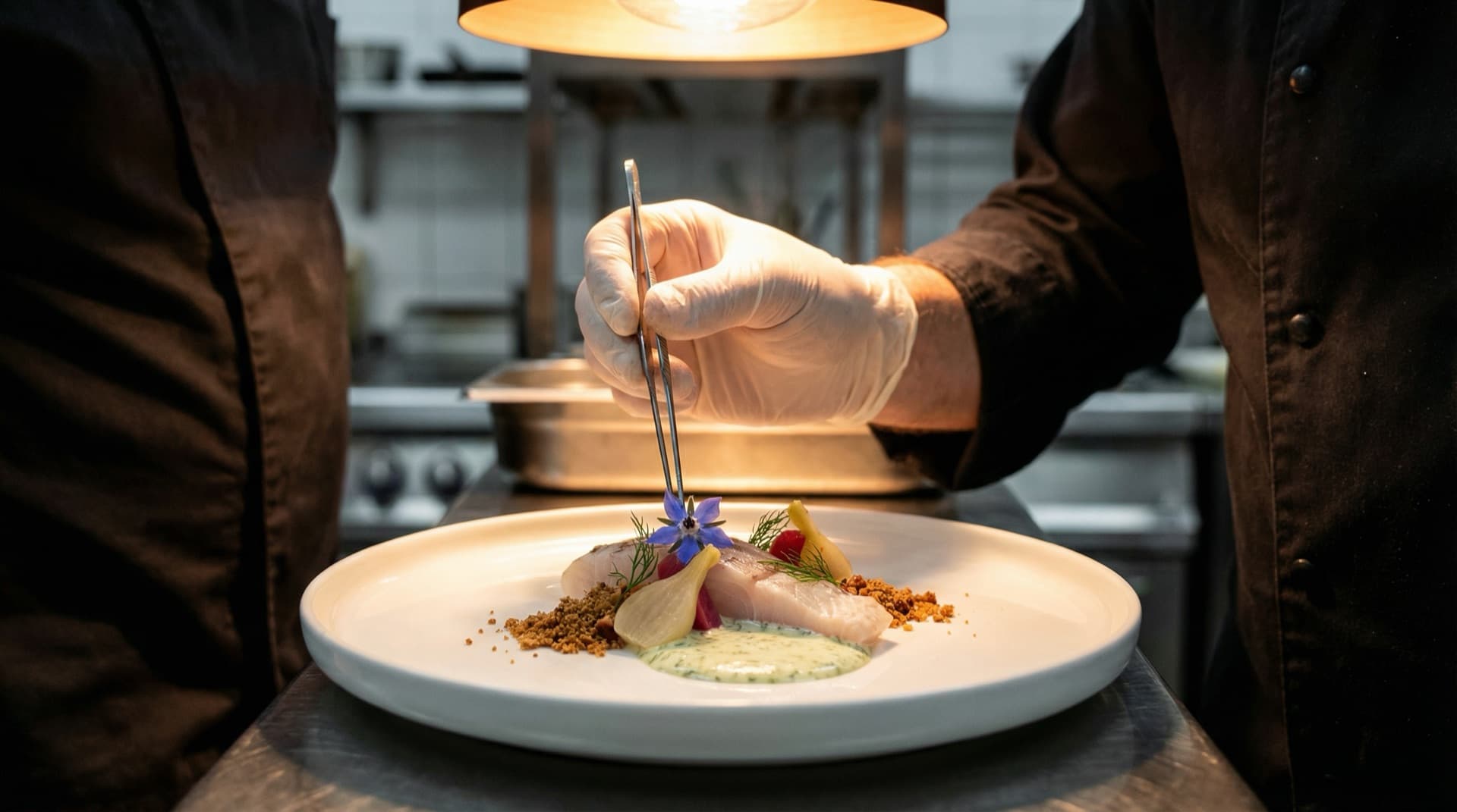 Kock som lägger upp gourmetmat på bröllop