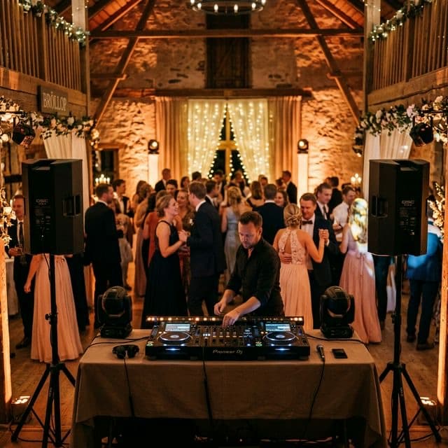 DJ-setup med professionellt ljud och varm belysning i festlokal