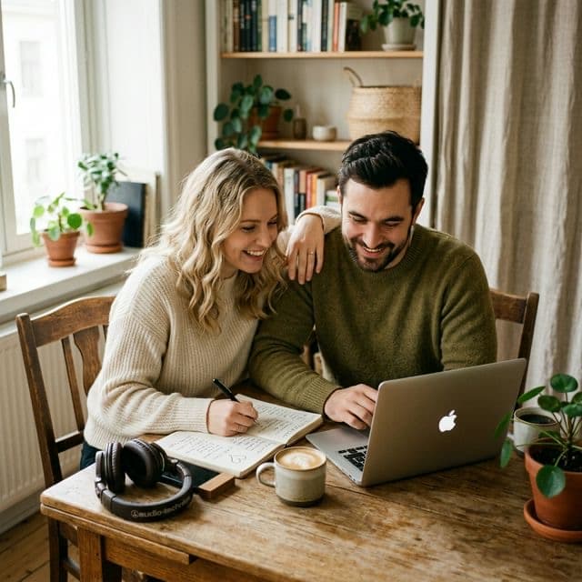 Par som planerar bröllopsspellista tillsammans vid laptop