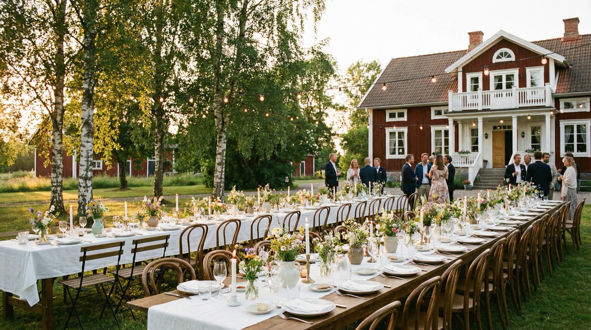Utomhusdukning vid svensk herrgård i kvällsljus
