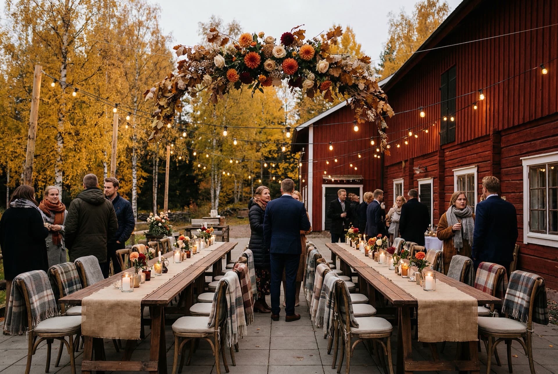 Höstbröllop utomhus vid lada med gyllene björkar