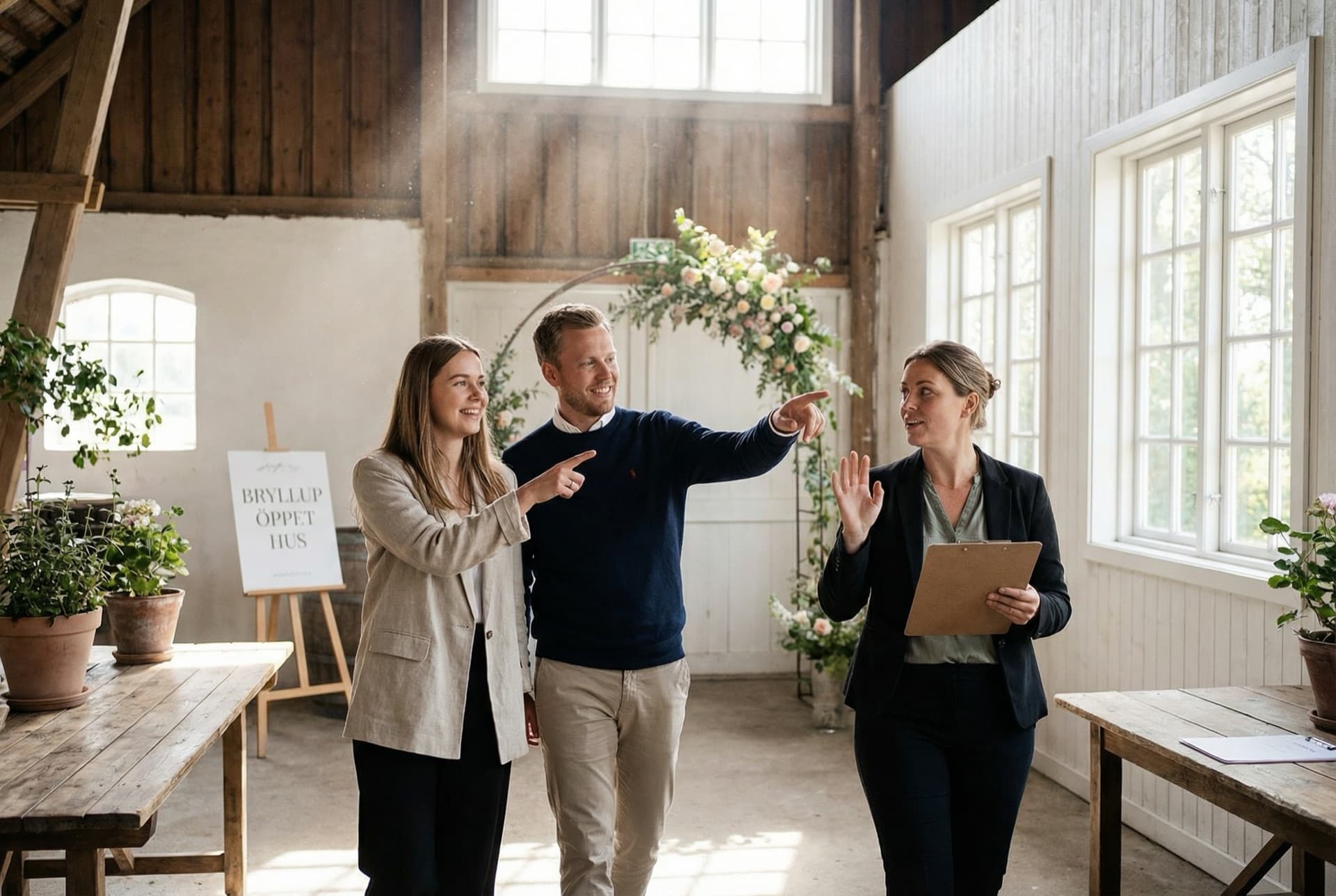 Par som besöker en festlokal och tittar runt i det dekorerade rummet