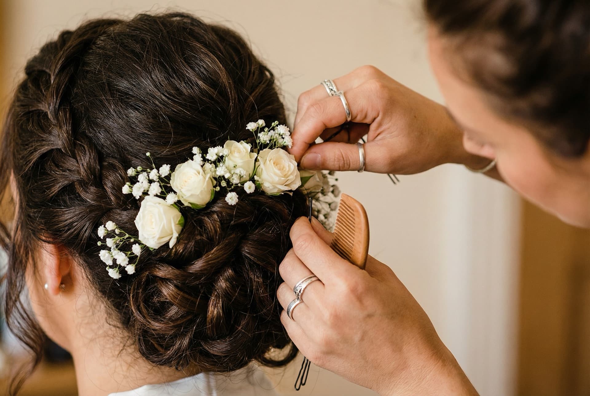 Hårstylist arbetar med bruduppsättning