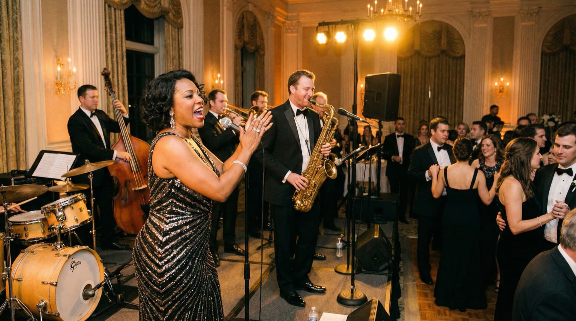 Liveband på scen med sångare och saxfon