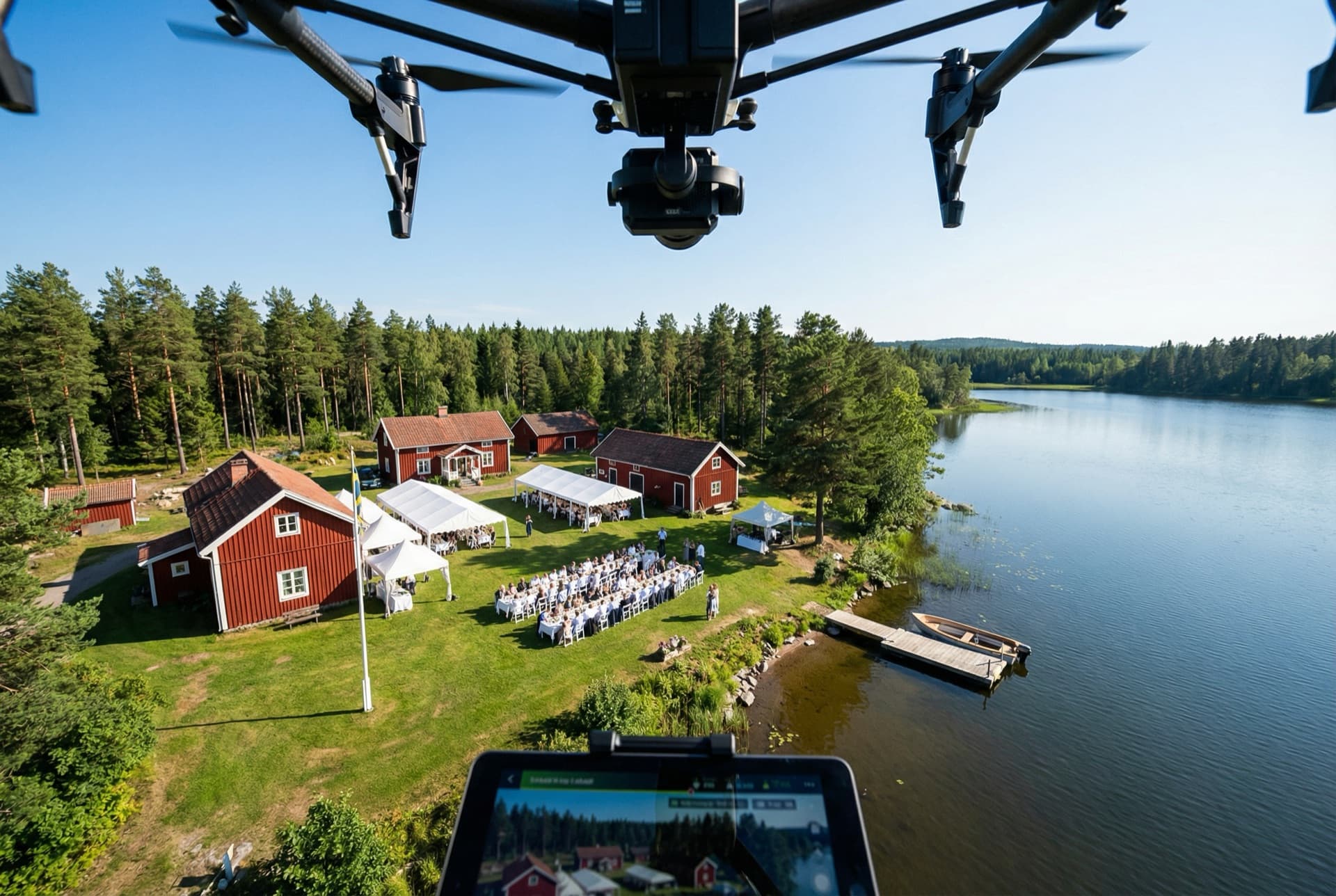 Drönarvy över bröllopslokal vid sjö