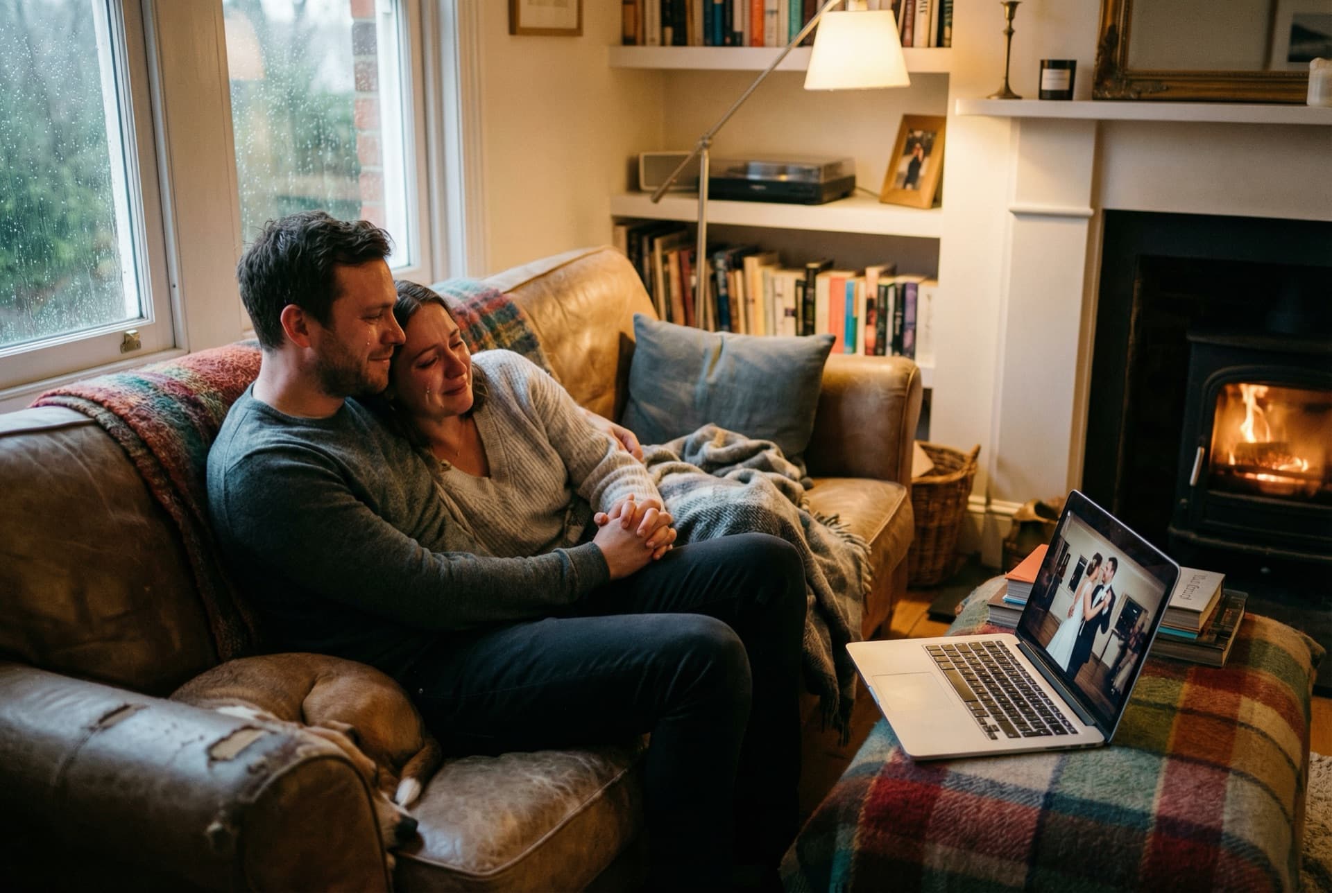 Par som tittar på sin bröllopsfilm tillsammans i soffan