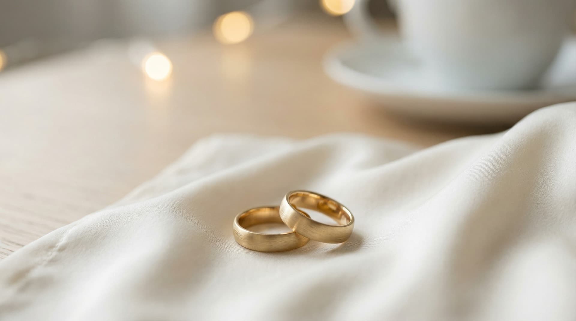 Eleganta vigselringar i guld på mjuk sidenyta med olivkvist